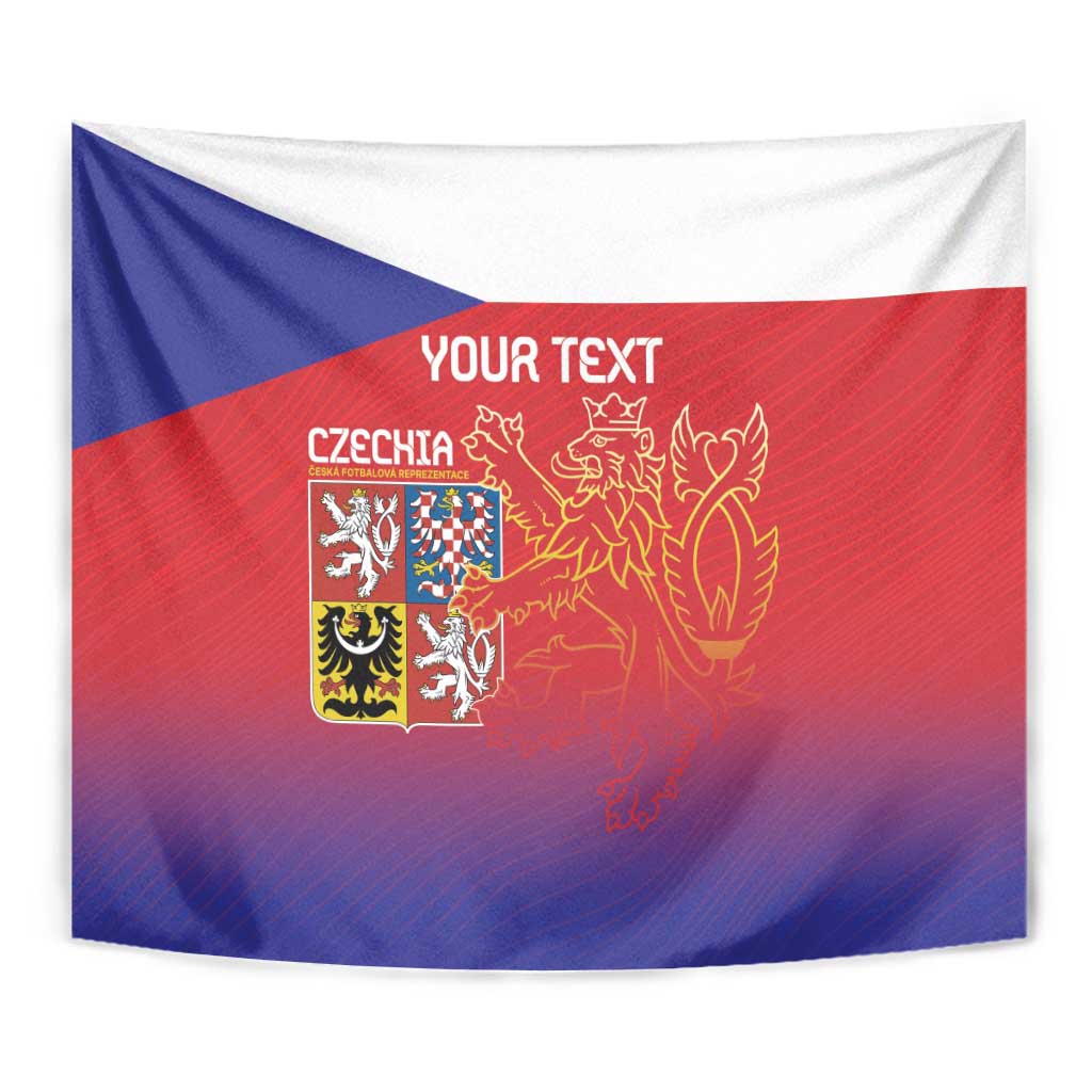 Czech flag tapestry wall hanging in blue, red, and white with lion crest and “YOUR TEXT”