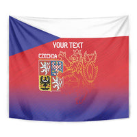 Czech flag tapestry wall hanging in blue, red, and white with lion crest and “YOUR TEXT”