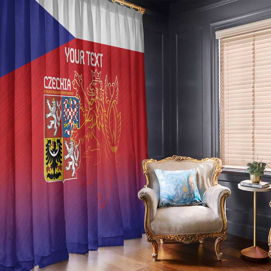 Two Czech lion crest window curtain panels, blue-red gradient style