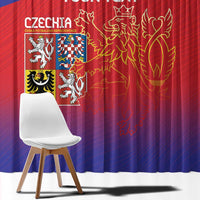 Close-up Czech themed curtain fabric with crest and double-tailed lion motif