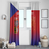 Czech themed window curtain panels with crest on blue-red gradient background