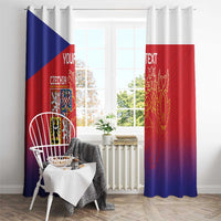 Czech themed window curtains with crest and lion motif on blue-red fabric