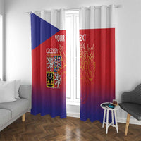 Blue and red Czech crest window curtain panels hanging over window