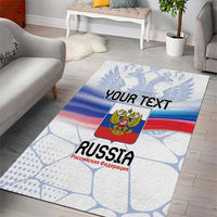 Personalized Russia area rug with blue eagle and crest flag panel in a living room setting.
