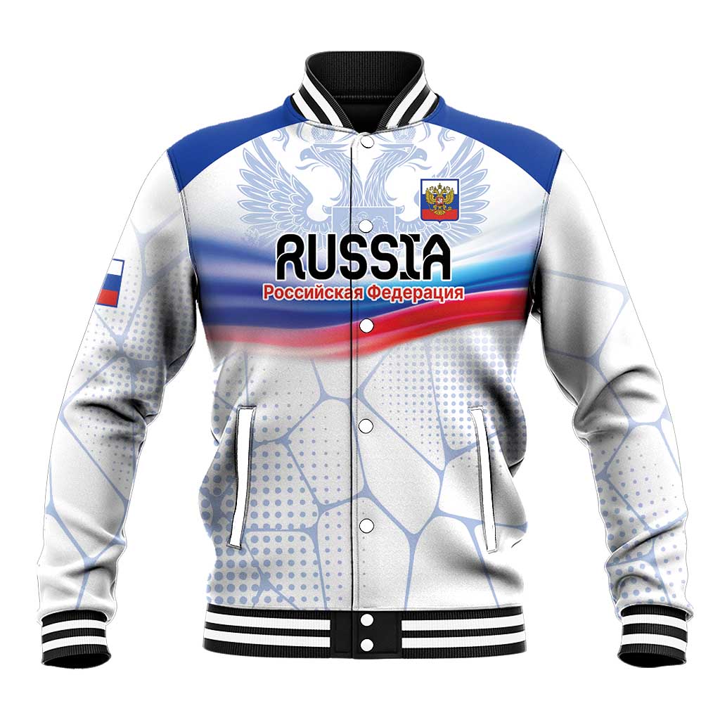 White and blue baseball jacket with Russia eagle emblem, striped rib trim, snap front