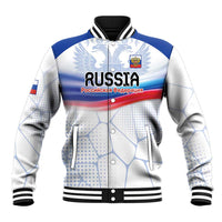 White and blue baseball jacket with Russia eagle emblem, striped rib trim, snap front