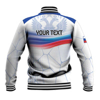 Back of white and blue baseball jacket with large eagle graphic and 'YOUR TEXT' wording