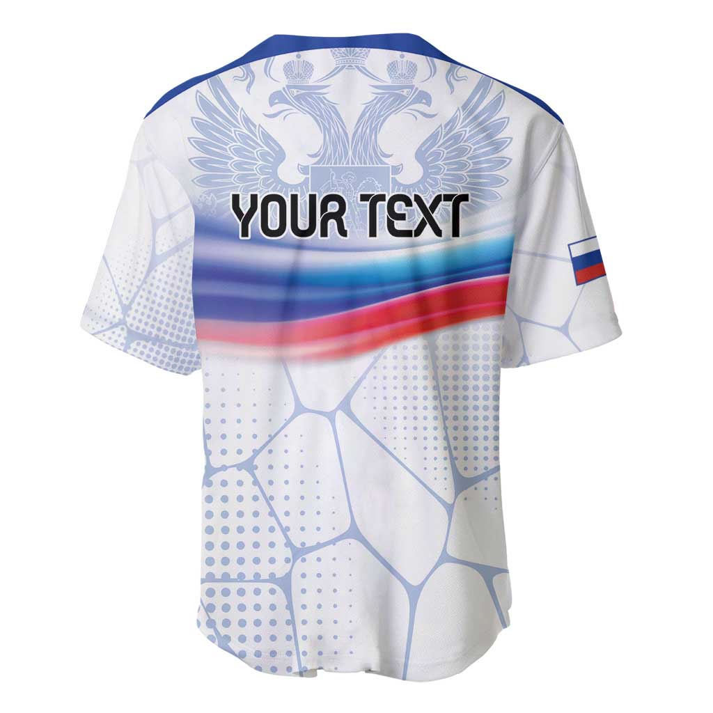 White personalized baseball jersey with blue eagle crest, flag stripes, and YOUR TEXT