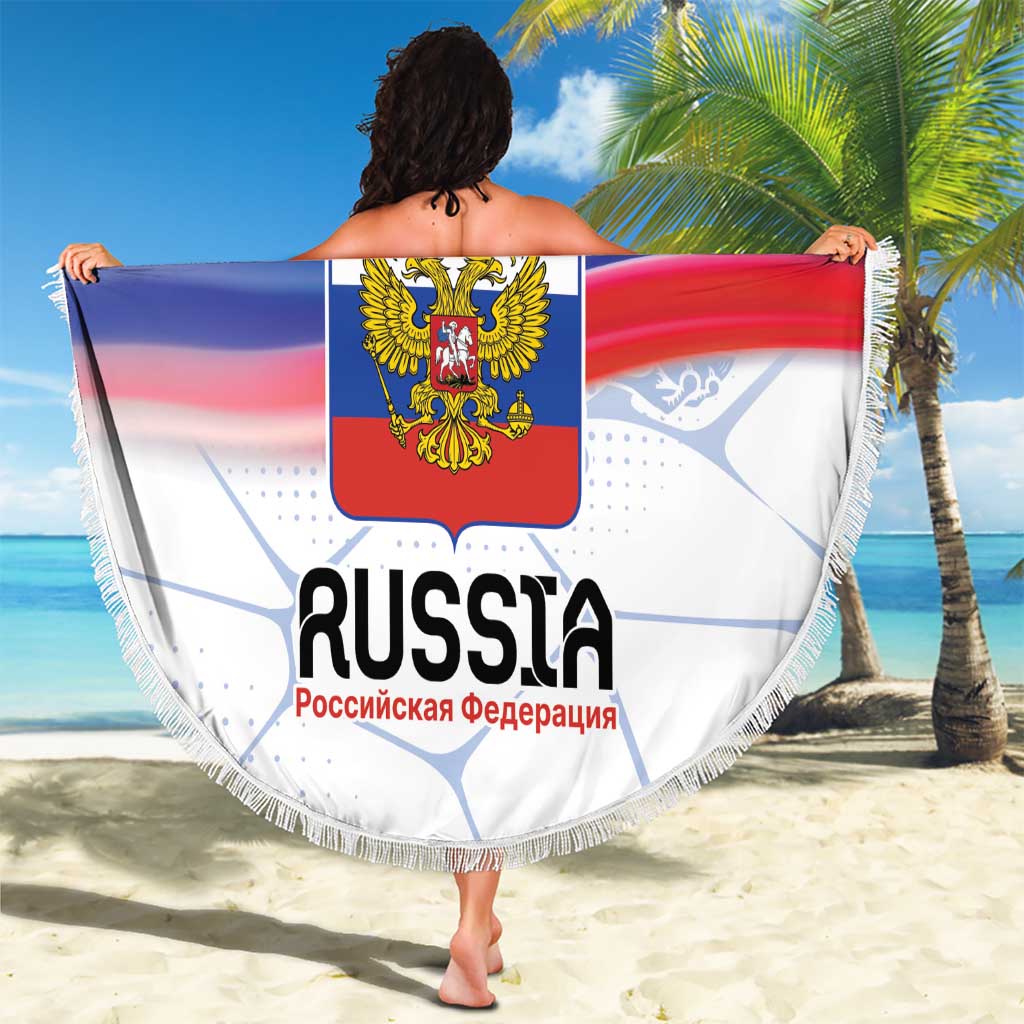 Round Russia flag beach blanket with fringe, crest and 'RUSSIA' text with stripes