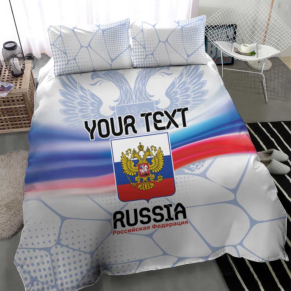 Russia bedding set showing eagle crest, flag colors blue white red, and custom text