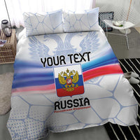Russia bedding set showing eagle crest, flag colors blue white red, and custom text