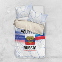 Flat-lay bedding set with Russia flag design, eagle emblem, and two matching pillowcases