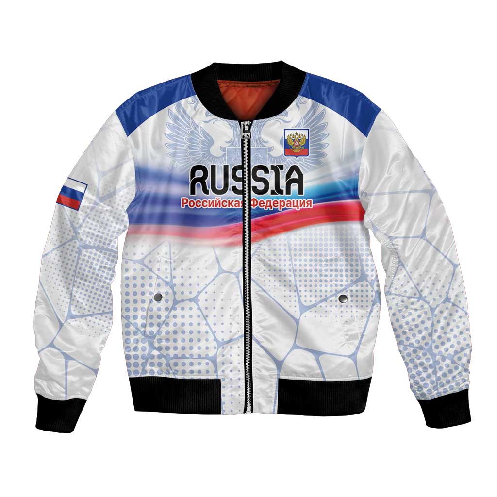 White bomber jacket, zip front, Russia eagle graphic with blue/red stripe, black cuffs