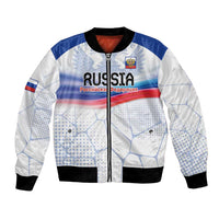White bomber jacket, zip front, Russia eagle graphic with blue/red stripe, black cuffs