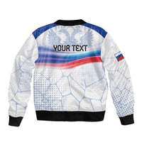 White bomber jacket with zip front, blue/red stripe and Your Text back print, black cuffs