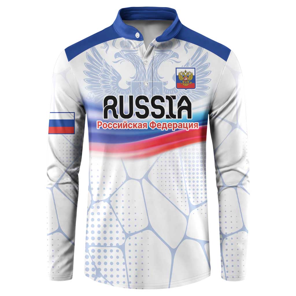 White long-sleeve button sweatshirt with blue collar and Russia flag graphic