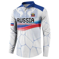 White long-sleeve button sweatshirt with blue collar and crest-and-flag chest print