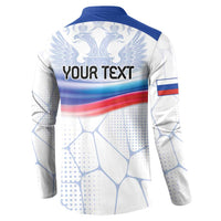 White long-sleeve button sweatshirt with blue collar and back YOUR TEXT flag print