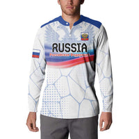 White long-sleeve button sweatshirt with blue collar and Russia emblem chest print