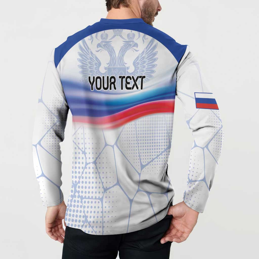 White long-sleeve button sweatshirt with blue collar and back flag graphic with emblem