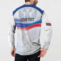 White long-sleeve button sweatshirt with blue collar and back flag graphic with emblem