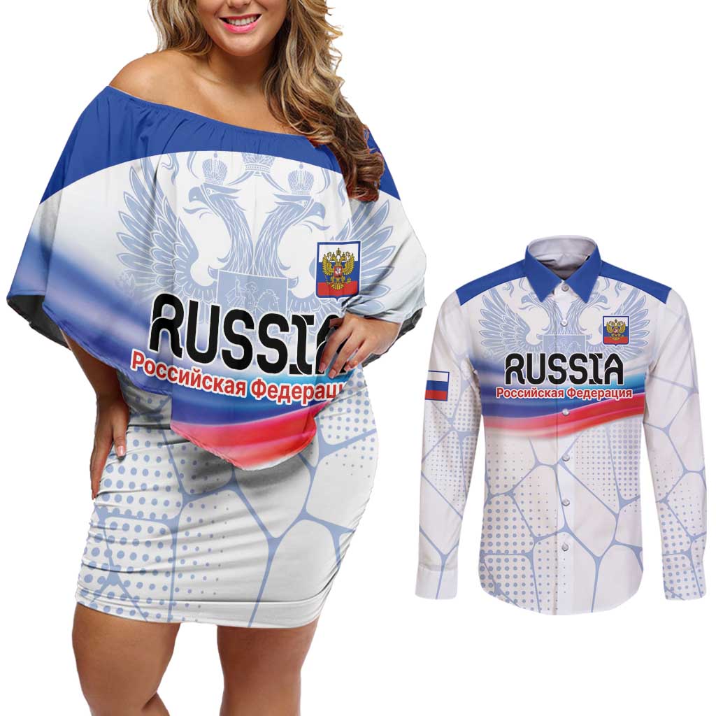 Personalized Russia Double-headed Eagle Couples Matching Off Shoulder Short Dress and Long Sleeve Button Shirt Special Flag Style LT9 - Wonder Print Shop