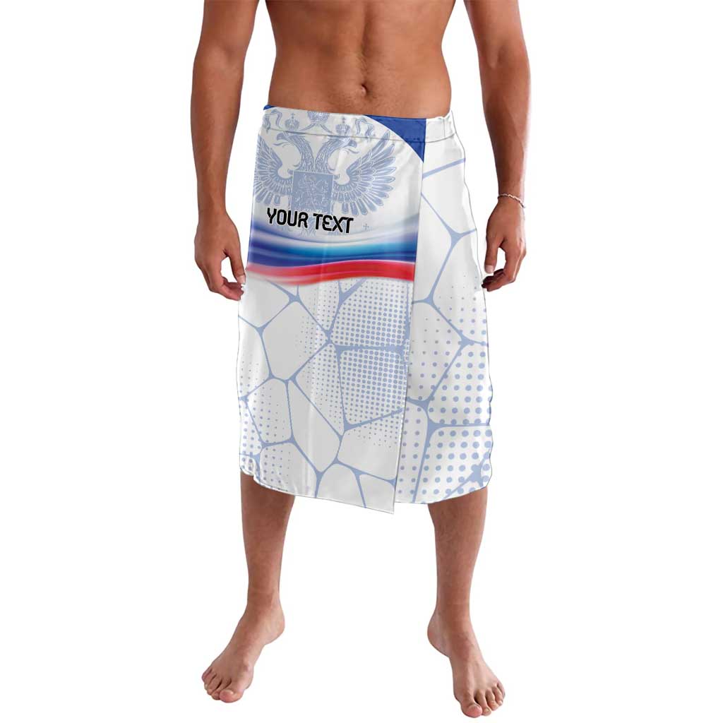 White sarong with blue double-headed eagle, blue stripe, and 'YOUR TEXT' banner