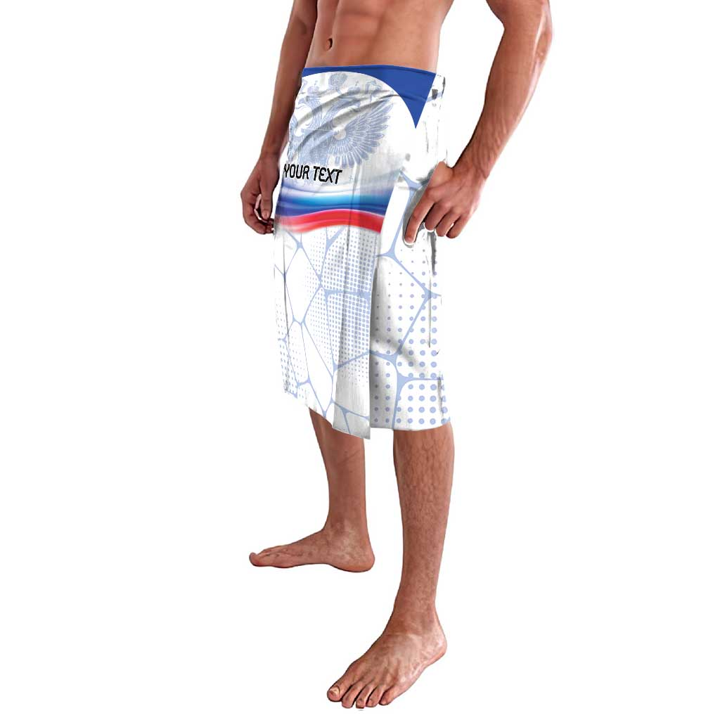 White sarong with blue stripe and 'YOUR TEXT' banner, Russia flag design