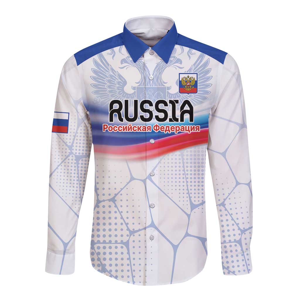 White long sleeve button shirt with eagle crest and blue-red stripe