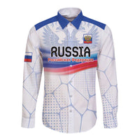 White long sleeve button shirt with eagle crest and blue-red stripe