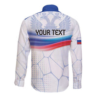 White long sleeve button shirt back with YOUR TEXT and blue-red flag stripe