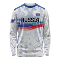 Unisex long-sleeve shirt, white front with Russia crest, double-headed eagle, flag stripes