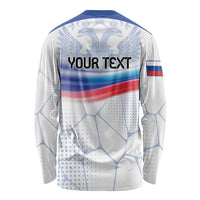 Unisex long-sleeve shirt, white with double-headed eagle and Russia flag, back YOUR TEXT