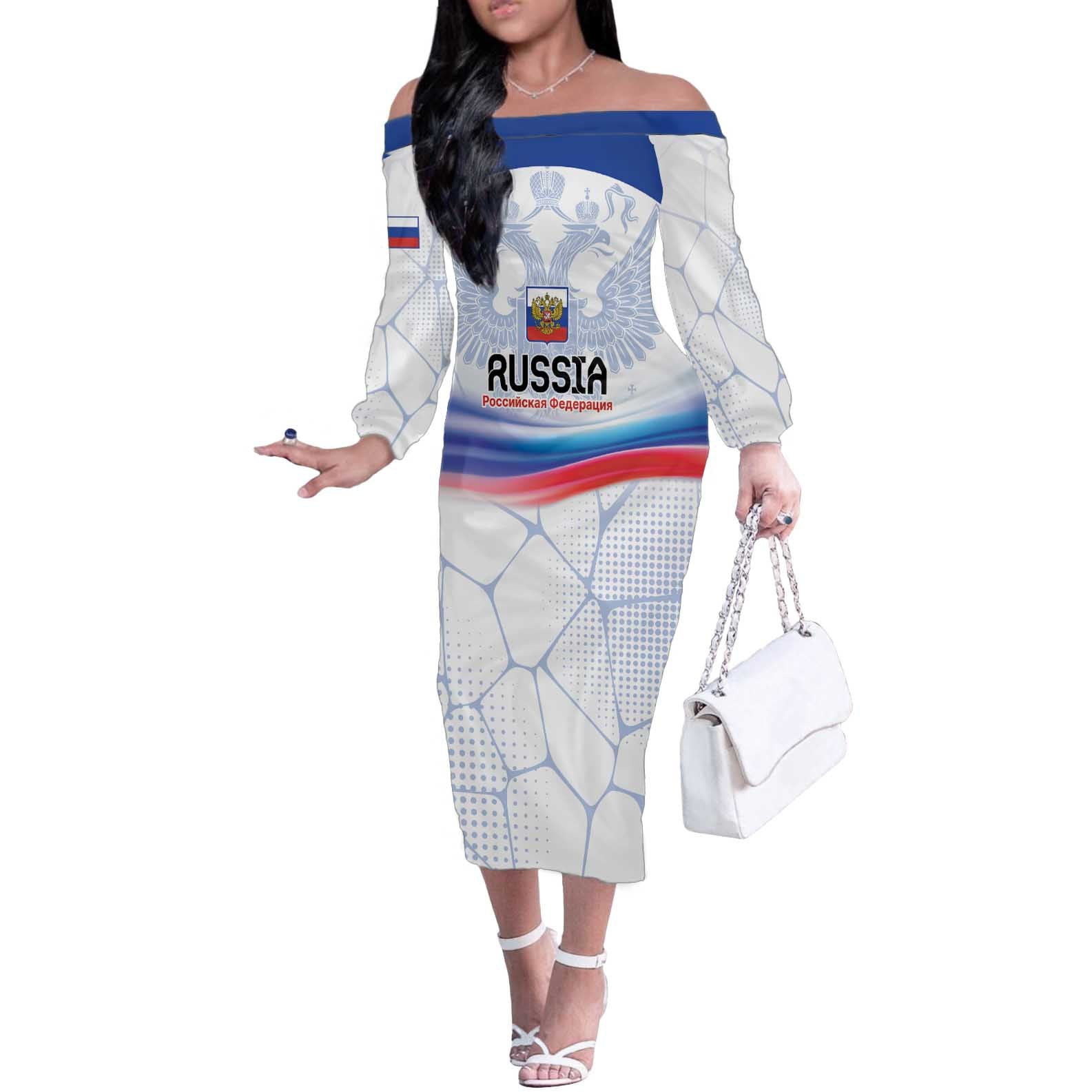 Personalized Russia Double-headed Eagle Off The Shoulder Long Sleeve Dress Special Flag Style - Wonder Print Shop