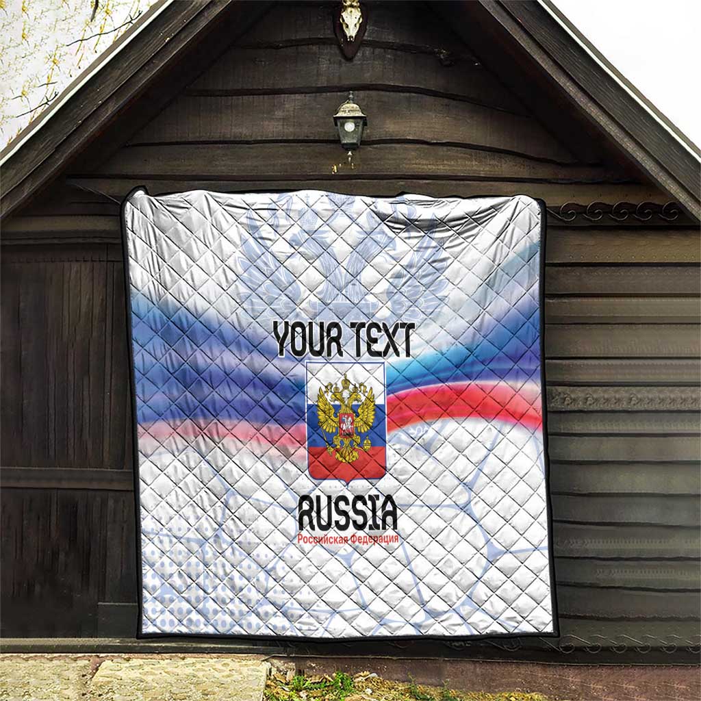 Personalized Russia quilt with eagle crest and tricolor flag, hung in open doorway
