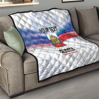 Personalized Russia quilt on sofa, double-headed eagle emblem and tricolor flag gradient