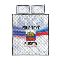 Russia flag-style quilt set laid flat with double-headed eagle emblem and two pillows