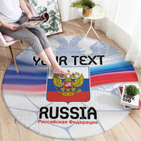 Round Russia crest rug: blue red white flag, YOUR TEXT and RUSSIA lettering