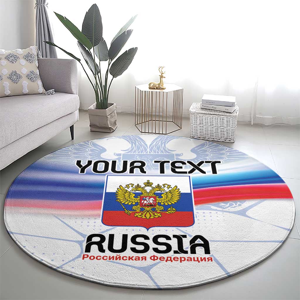 Round Russia crest rug on living room floor, blue red flag with YOUR TEXT and RUSSIA