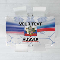 Personalized Russia tablecloth close-up with blue-white flag stripes and central crest
