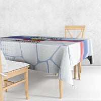 Personalized Russia tablecloth on dining table, white and blue with crest and printed border