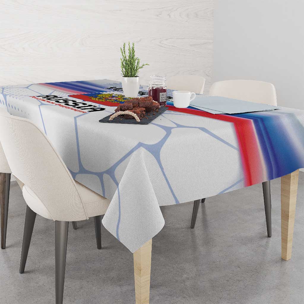 Personalized Russia tablecloth draped on dining table, white and blue with red-blue stripe