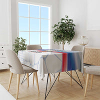 Personalized Russia tablecloth on dining set, white and blue with flag-style red stripe