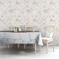 Personalized Russia tablecloth on long table, white and blue with colorful red-blue border