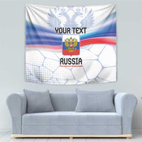 Personalized Russia tapestry flag with coat of arms and custom text, hanging on wall