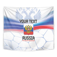 Close-up of personalized Russia tapestry flag with coat of arms and custom text