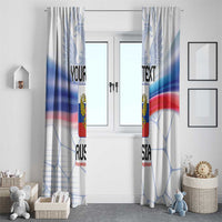 Pair of Russian double-headed eagle window curtains, blue red white flag design