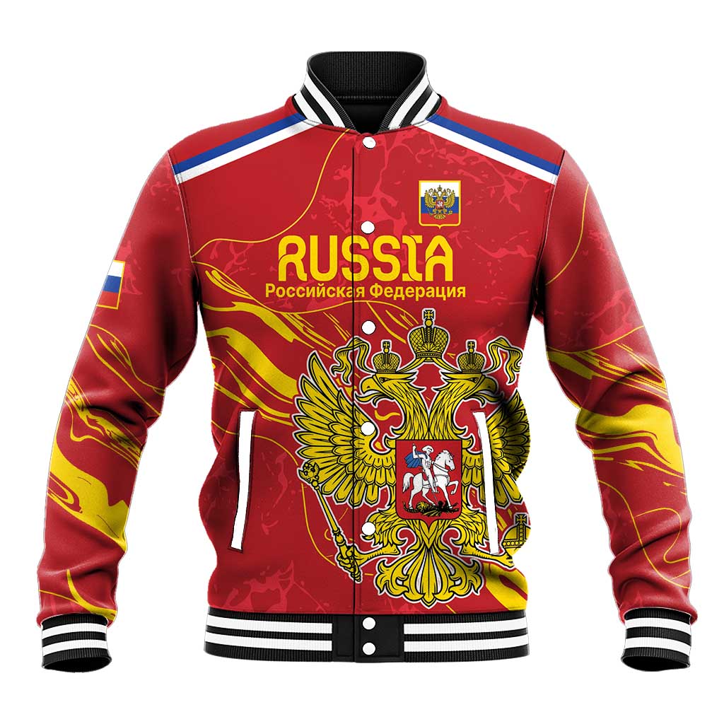 Red varsity baseball jacket with striped collar, zipper front, and crest eagle graphic
