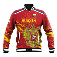 Red varsity baseball jacket with striped collar, zipper front, and crest eagle graphic
