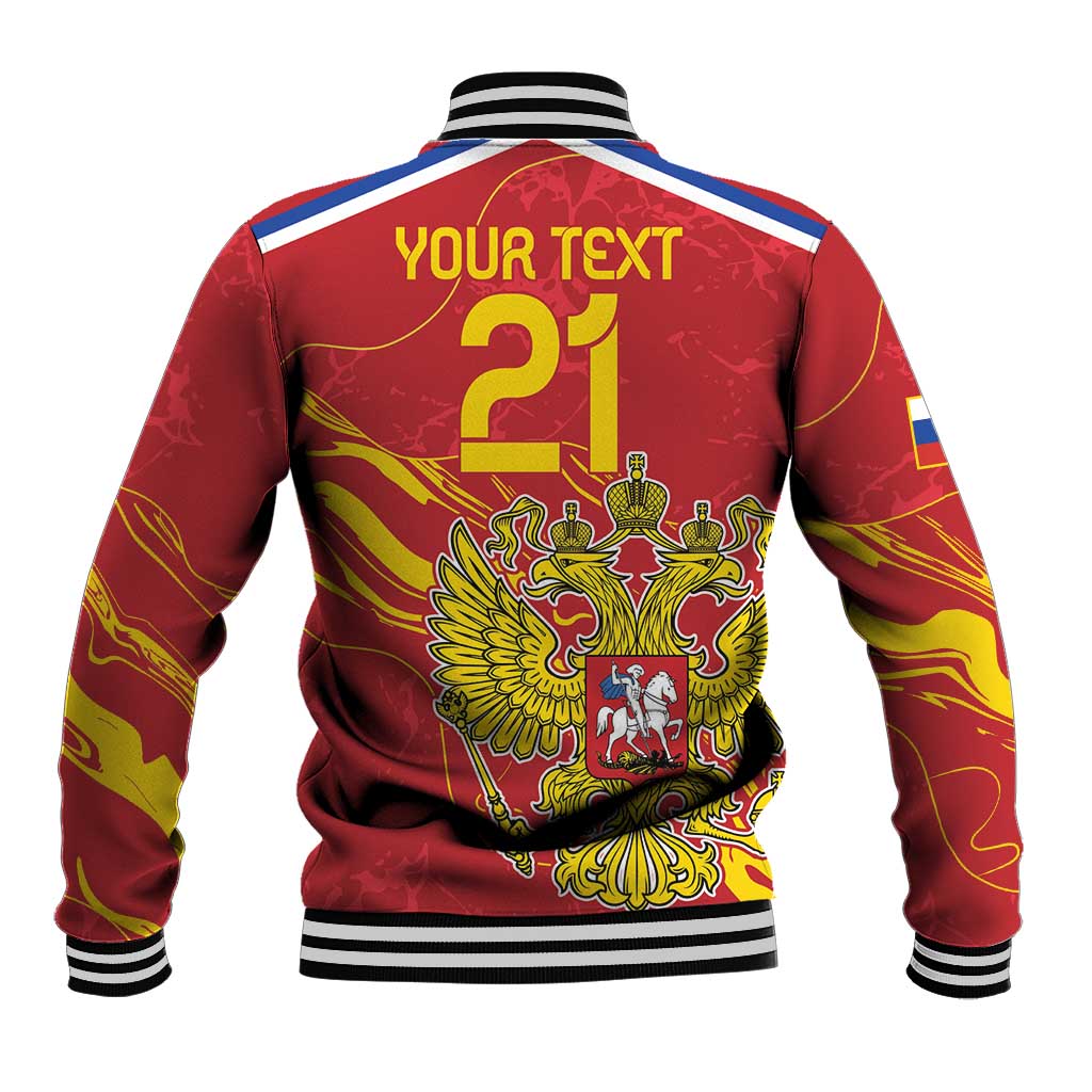 Red back baseball jacket with striped collar, eagle crest graphic, and custom text